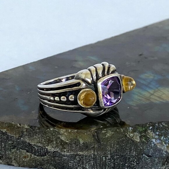 Sterling Silver 925 Cushion Cut Amethyst Double Citrine Wide Band Ring Sz 6.5 - Picture 5 of 16